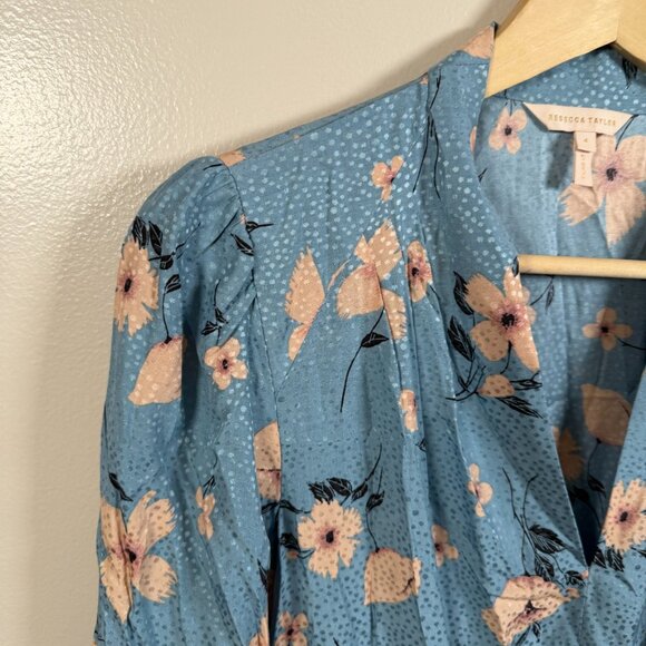 Rebecca Taylor Daniella Silk Blend Dress Size 4 Blue Floral V-Neck Feminine - Picture 4 of 10